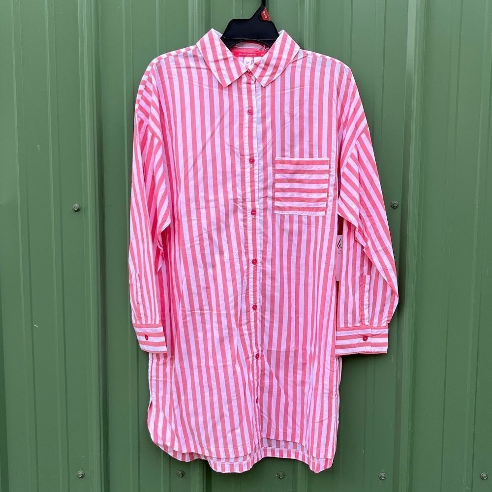 Sleep Shirt Silky Soft Woven Long Sleeve Button Front Lounge Pajama Size M